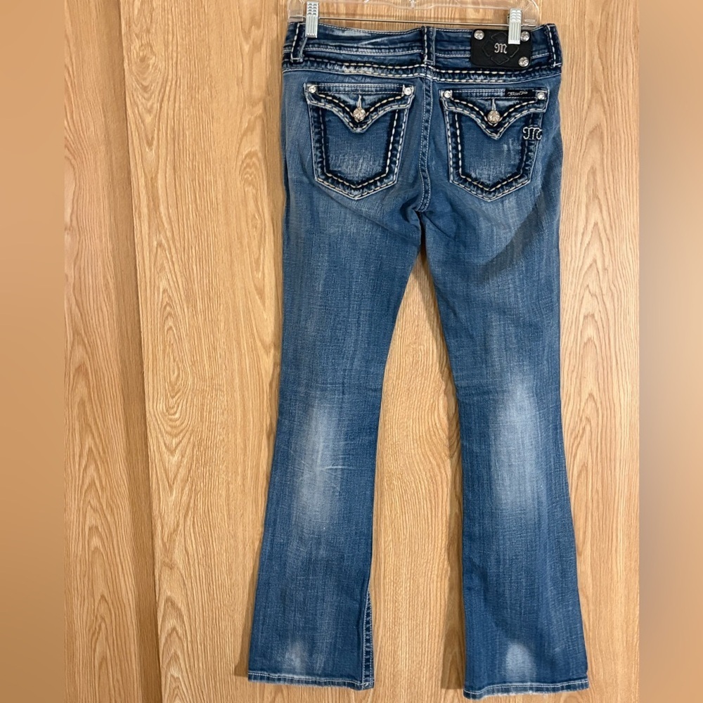 Miss Me Blue Flare Bootcut Long Jeans with Embroidered Button Flap Pockets - Picture 3 of 8